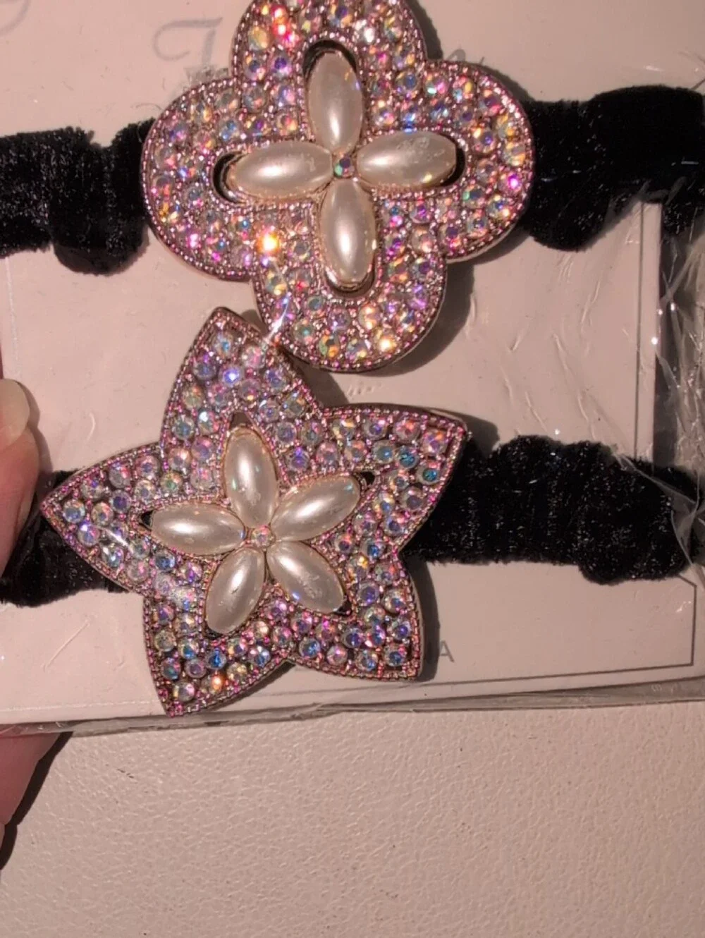 Rhinestone Flower Elastic Hair Ponytail Bands - Iridescent on Black